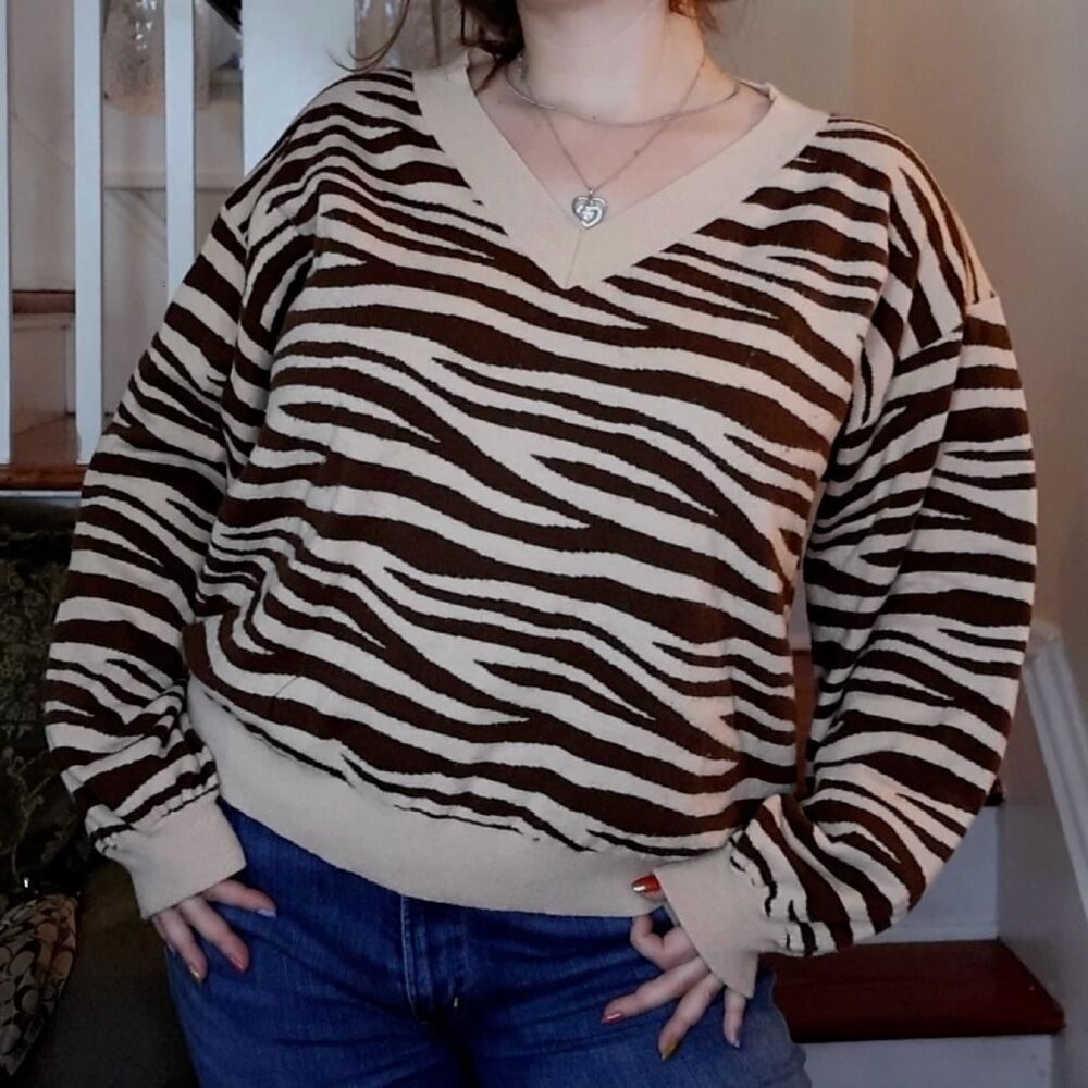 Levi's Brown Tan Zebra Balloon Sleeve Sweater XL Soft Animal V Neck Jumper Indie